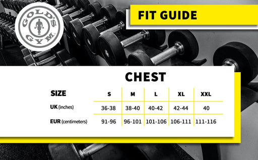 Golds Gym Tops, T-Shirts, Vest and Shirts Fit Guide in Inches and Centimetres cm at MYSUPPLEMENTSHOP