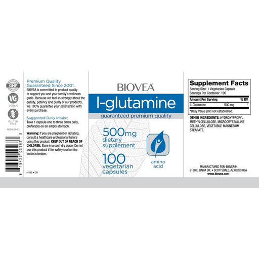Biovea L-Glutamine 500mg 100 Vegetarian Capsules | Premium Supplements at MYSUPPLEMENTSHOP