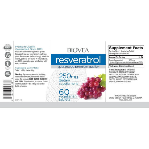 Biovea Resveratrol 250mg 60 Vegetarian Tablets | Premium Supplements at MYSUPPLEMENTSHOP