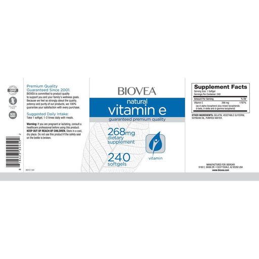 Biovea Vitamin E 267mg (400iu) 240 Softgels | Premium Supplements at MYSUPPLEMENTSHOP