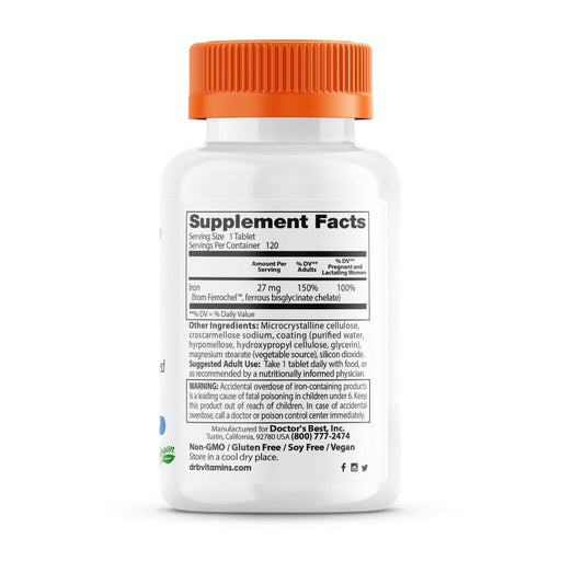 Doctor's Best High Absorption Iron with Ferrochel 27mg 120 Tablets | Premium Supplements at MYSUPPLEMENTSHOP
