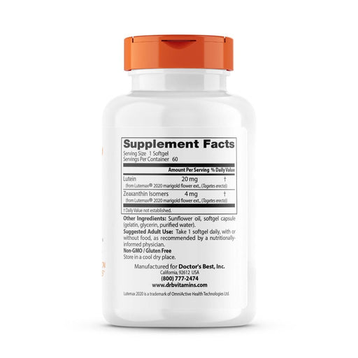 Doctor's Best Lutein with Lutemax 2020, 20 mg 60 Softgels | Premium Supplements at MYSUPPLEMENTSHOP