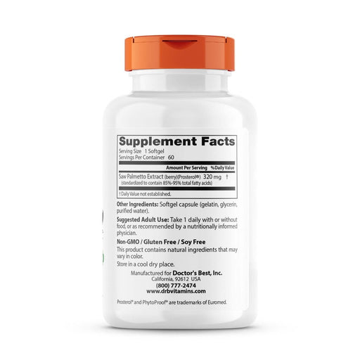 Doctor's Best Saw Palmetto with Prosterol, Standardized Extract 320 mg 60 Softgels | Premium Supplements at MYSUPPLEMENTSHOP