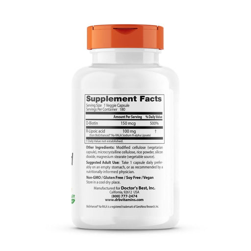 Doctor's Best Stabilized R-Lipoic Acid 100mg 180 Veggie Capsules | Premium Supplements at MYSUPPLEMENTSHOP