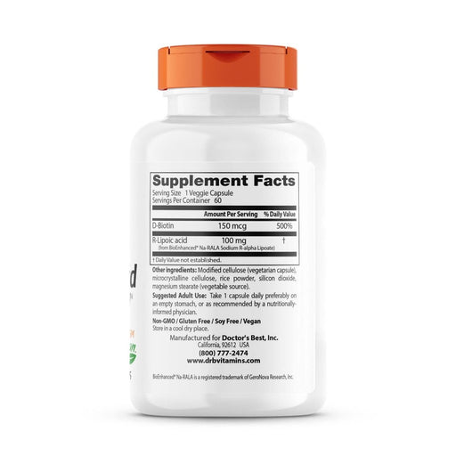 Doctor's Best Stabilized R-Lipoic Acid with BioEnhanced Na-RALA, 100 mg 60 Veggie Capsules | Premium Supplements at MYSUPPLEMENTSHOP