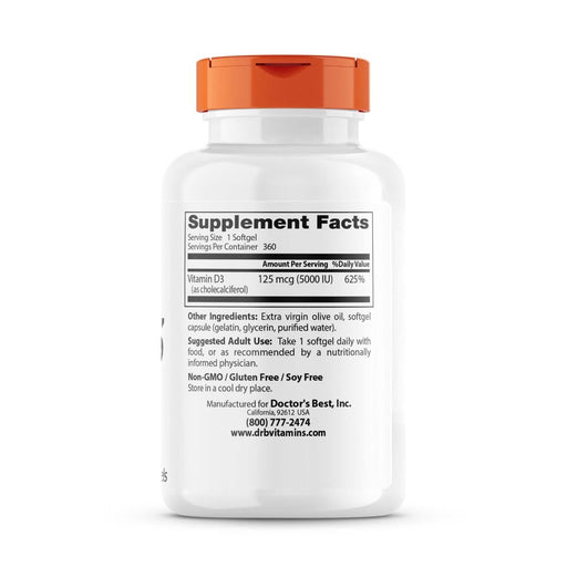 Doctor's Best Vitamin D3 125 mcg (5,000 IU) 360 Softgels | Premium Supplements at MYSUPPLEMENTSHOP