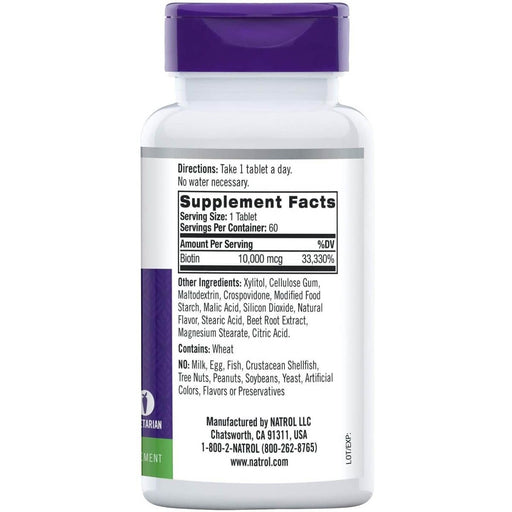 Natrol Biotin 10,000mcg 60 Strawberry Tablets | Premium Supplements at MYSUPPLEMENTSHOP