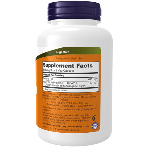 NOW Foods Betaine HCl 648 mg 120 Veg Capsules | Premium Supplements at MYSUPPLEMENTSHOP