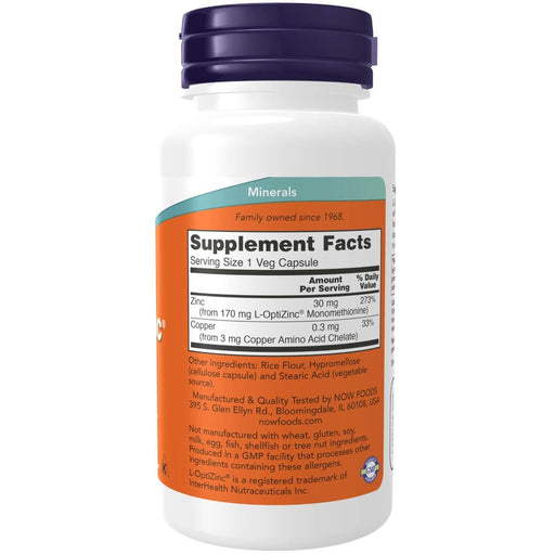 NOW Foods L-OptiZinc 30 mg 100 Veg Capsules | Premium Supplements at MYSUPPLEMENTSHOP