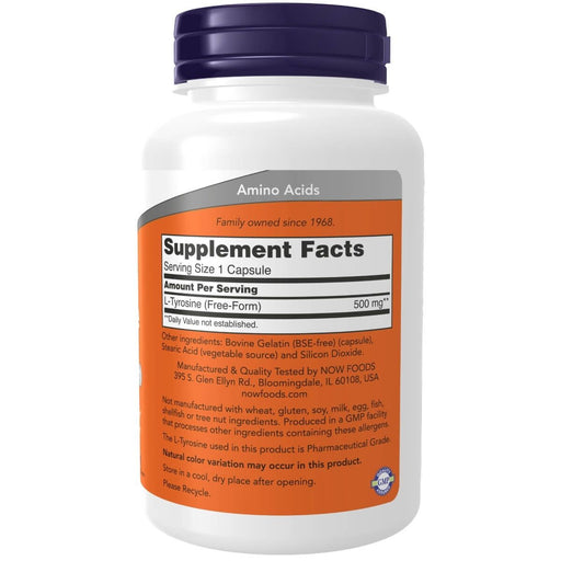 NOW Foods L-Tyrosine 500 mg 120 Capsules | Premium Supplements at MYSUPPLEMENTSHOP