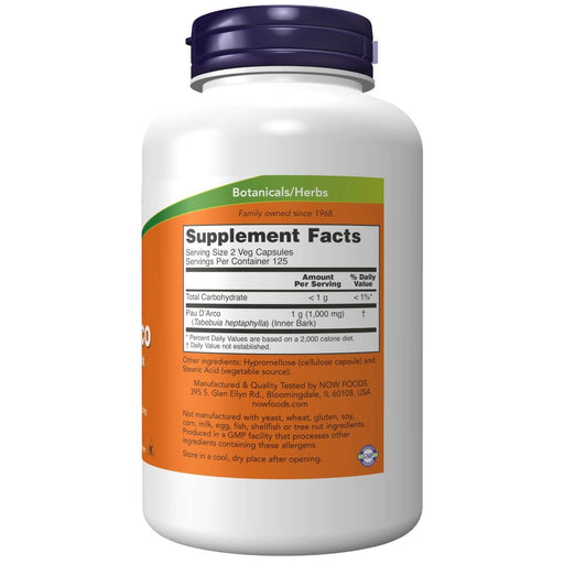 NOW Foods Pau D'Arco 500 mg 250 Veg Capsules | Premium Supplements at MYSUPPLEMENTSHOP