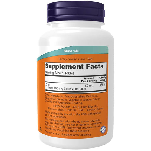 NOW Foods Zinc (Zinc Gluconate) 50 mg 250 Tablets | Premium Supplements at MYSUPPLEMENTSHOP
