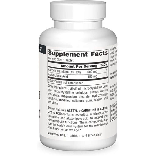 Source Naturals Acetyl L-Carnitine &amp; Alpha-Lipoic Acid 650mg 60 Tablets | Premium Supplements at MYSUPPLEMENTSHOP