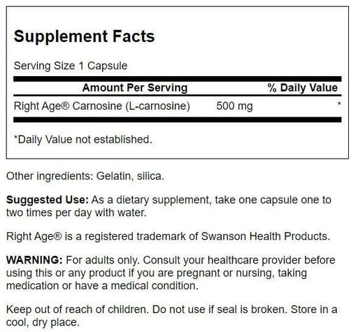 Swanson L-Carnosine 500 mg 60 Capsules | Premium Supplements at MYSUPPLEMENTSHOP