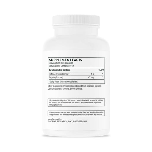 Thorne Research Betaine HCL &amp; Pepsin 225 Capsules | Premium Supplements at MYSUPPLEMENTSHOP