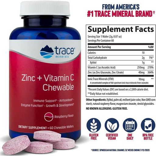 Trace Minerals Zinc and Vitamin C Raspberry 60 Chewables | Premium Supplements at MYSUPPLEMENTSHOP