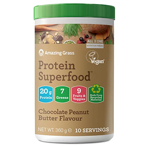 Amazing Grass Protein Superfood Organic Vegan Protein Powder with Fruit and Vegetables Chocolate Peanut Butter Flavour 10 servings 360 g | High-Quality Vegan Proteins | MySupplementShop.co.uk
