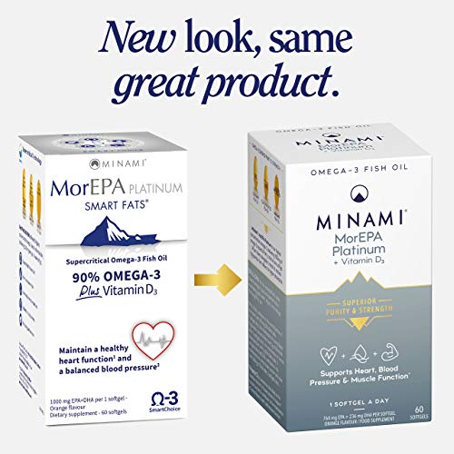 Omega 3 Fish Oil Supplement - Minami - MorEPA Platinum with high Concentration of EPA DHA & Vitamin D - Helps Maintain Healthy Heart Blood Pressure and Muscle Function - 60 Softgels | High-Quality Fish Oils | MySupplementShop.co.uk