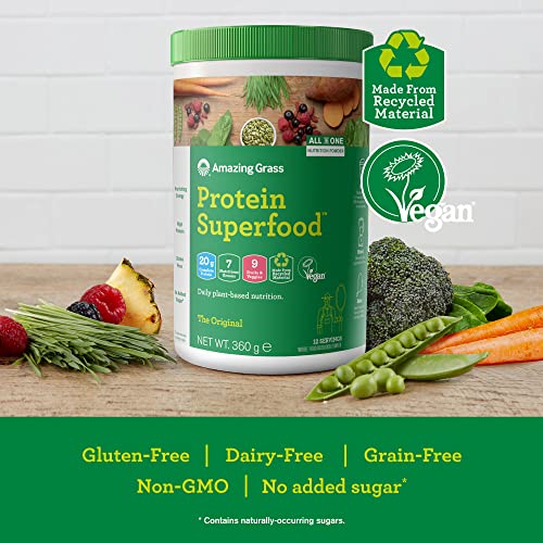 Amazing Grass Protein Superfood Organic Vegan Protein Powder with Fruit and Vegetables Original Flavour 12 servings 360 g | High-Quality Vegan Proteins | MySupplementShop.co.uk