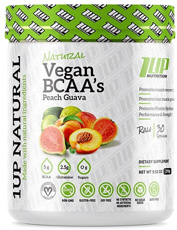 1Up Nutrition Natural Vegan BCAA + Glutamine, Peach Guava - 270 grams | High-Quality Amino Acids and BCAAs | MySupplementShop.co.uk