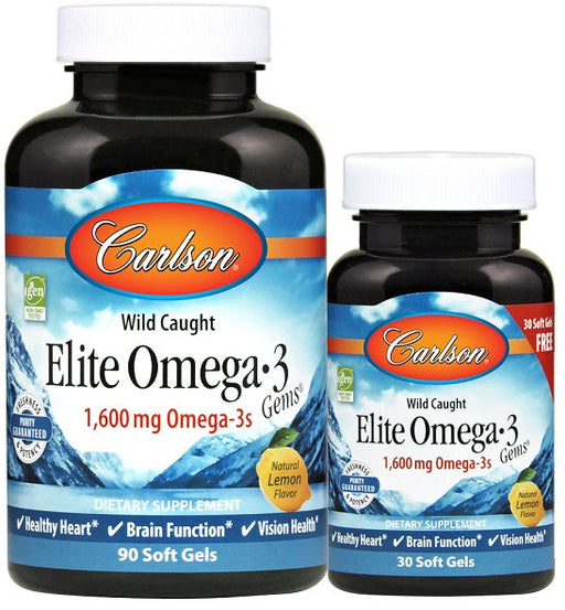 Carlson Labs Elite Omega-3 Gems, 1600mg Natural Lemon - 90 + 30 softgels | High-Quality Omegas, EFAs, CLA, Oils | MySupplementShop.co.uk